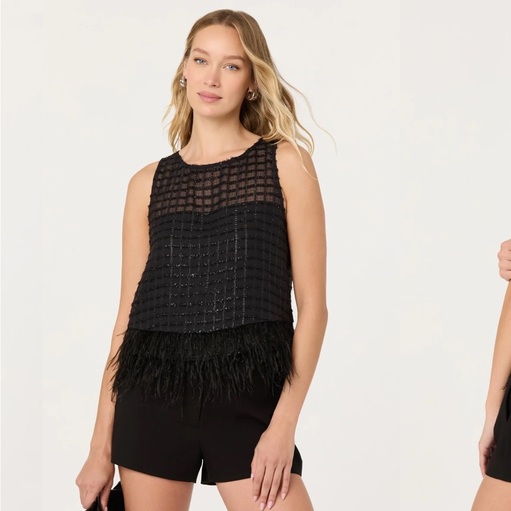 Astr Black Beaded Sheer Tank with Feather Hem